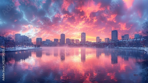 Boston skyline in the evening, viewed across the Charles River from Cambridge. The city lights reflect on the calm water, iconic buildings in a tranquil and picturesque urban scene