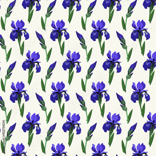 Seamless pattern with blue iris flowers.eps