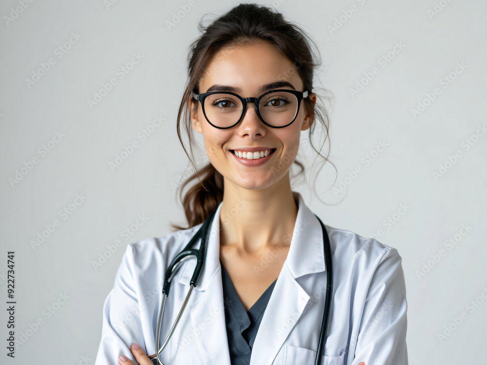 portrait of a smiling female doctor with glasses, uniform and medical implement isolated on a white background portrait of a smiling female doctor with glasses, uniform and medical implement isolated on a white background