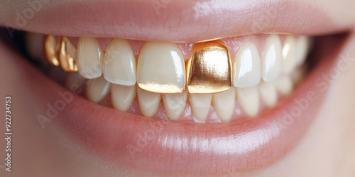 A closeup view of a bright and cheerful smile featuring glamorous golden grills along with exceptionally white teeth photo