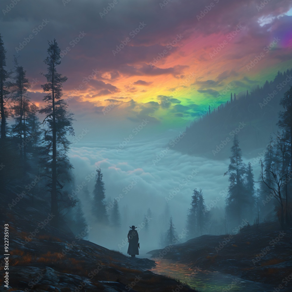 Dark Fantasy Art, A misty dawn over ernest, with the horizon shrouded in swirling fog and rainbows Dark Fantasy Art, A misty dawn over ernest, with the horizon shrouded in swirling fog and rainbows