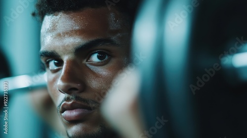 Close-up of a young man lifting weights at the gym, focusing intensely on his workout. His face is glistening with sweat, highlighting the intensity of his effort. photo