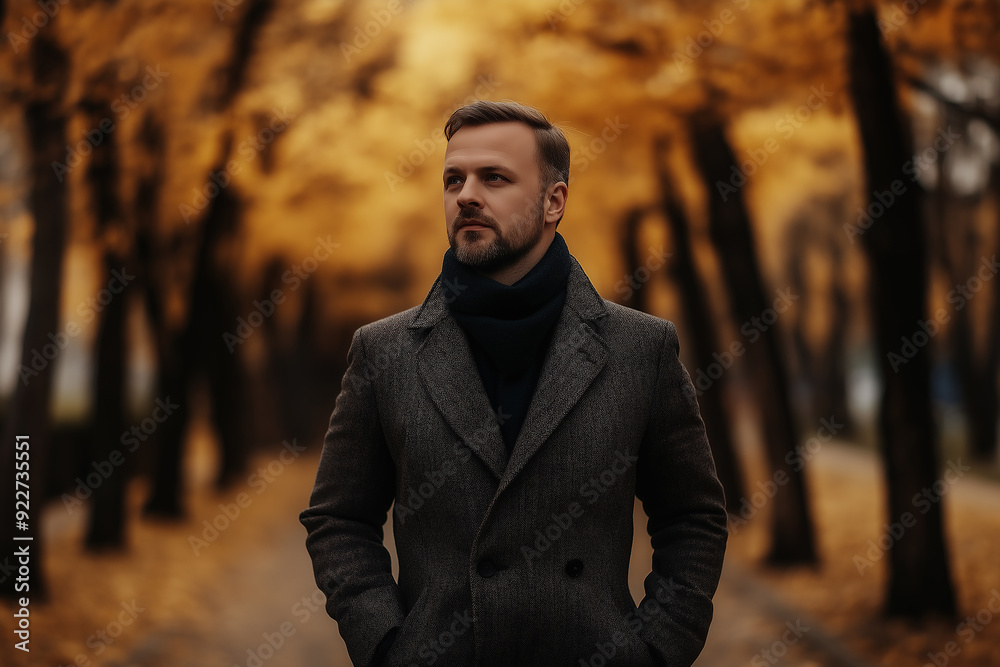 A mature man wearing a dark overcoat and scarf stands confidently in an autumn park with golden leaves, representing wisdom, elegance, and the beauty of the season. A mature man wearing a dark overcoat and scarf stands confidently in an autumn park with golden leaves, representing wisdom, elegance, and the beauty of the season.