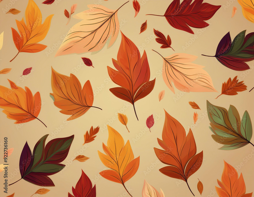 Fototapeta premium Minimalist Falling Leaves Pattern Autumn Hues on Neutral Background Design