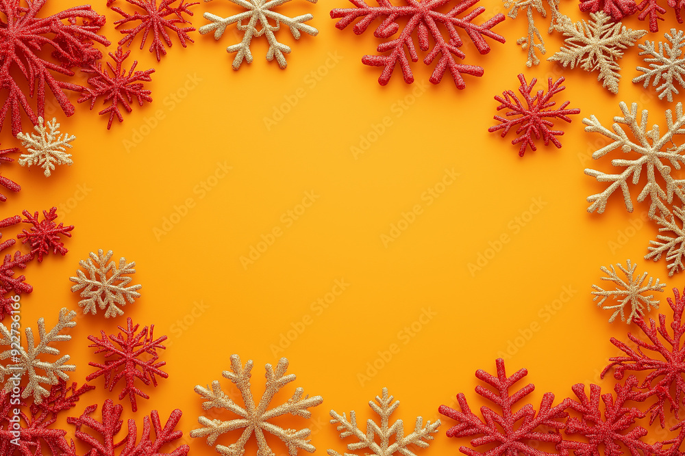 Bright and colorful Christmas-themed background with glittering red and gold snowflakes arranged around the edges, leaving ample copy space in the center for festive messages or designs. Bright and colorful Christmas-themed background with glittering red and gold snowflakes arranged around the edges, leaving ample copy space in the center for festive messages or designs.