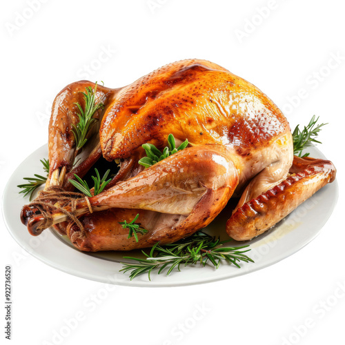 Roasted Turkey with Rosemary Garnish on White Plate