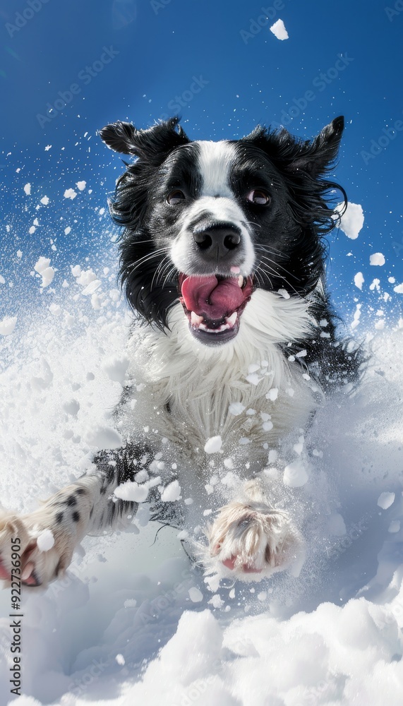 Border collie snowboarding with tongue out in lively winter landscape, creating an exciting scene Border collie snowboarding with tongue out in lively winter landscape, creating an exciting scene