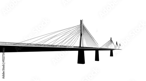 3D visualization of a suspension bridge with support towers and a roadway spanning a river, vector illustration art