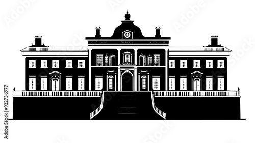 Baroque palace with symmetrical facades, grand staircase, and ornate details, vector illustration art