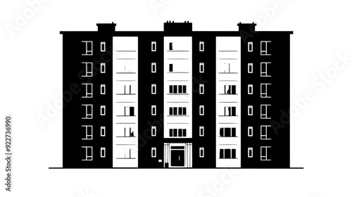 Block of flats with a communal entrance and symmetrical window arrangement, vector illustration art
