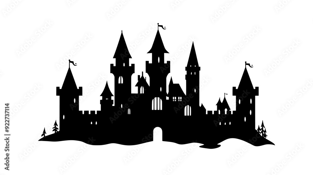 Castle-like structure with turrets, battlements, and a surrounding stone wall, vector illustration art Castle-like structure with turrets, battlements, and a surrounding stone wall, vector illustration art