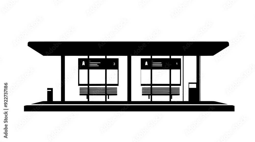 City tram stop with two shelters, concrete platform, rail tracks, and a route information board, vector illustration art City tram stop with two shelters, concrete platform, rail tracks, and a route information board, vector illustration art