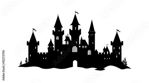 Castle-like structure with turrets, battlements, and a surrounding stone wall, vector illustration art
