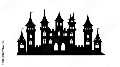 Castle-like structure with towers, turrets, stonework, and arches, vector illustration art