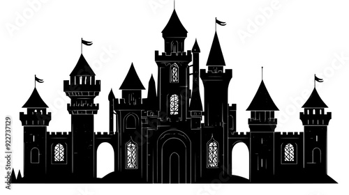 Castle-like structure with towers, turrets, stonework, and arches, vector illustration art