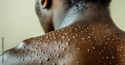 Close up of a black persons back covered in monkeypox rash. Generative ai image