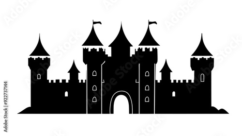 Castle-like structure with turrets, battlements, and a surrounding stone wall, vector illustration art
