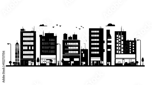 City block with a variety of integrated structures, including shops, offices, and residential areas, vector illustration art