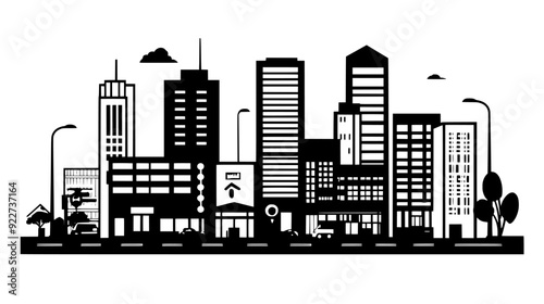 City intersection with tall buildings, streetlights, and a variety of commercial establishments, vector illustration art