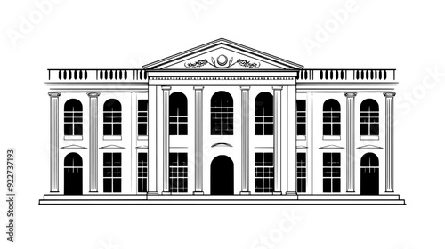 Classical building with columns, detailed cornice, and arched windows, vector illustration art