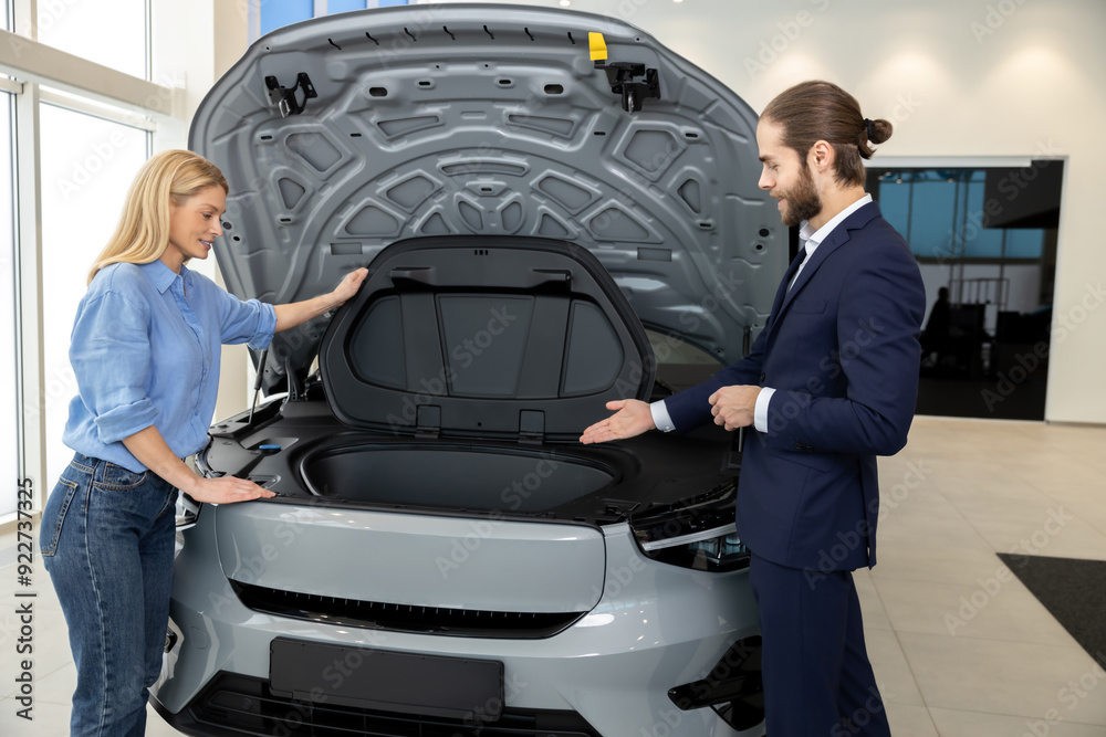 Φωτογραφία Car dealer describing engine to male buyer in showroom standing near automobile