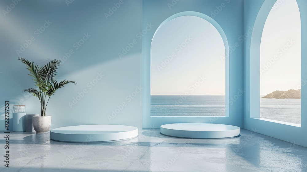 Fototapeta premium Serene Pastel Sky Blue Podium for Elegant Presentations | Minimalist Design for Sophisticated Settings