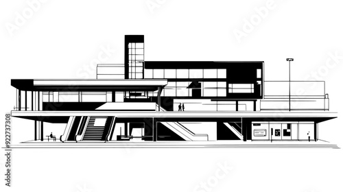 Complex subway station with multiple platforms, escalators, and clearly marked signage, vector illustration art