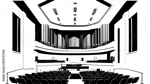Concert hall with tiered seating, orchestra pit, and acoustically designed walls, vector illustration art