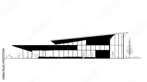 Contemporary museum with sleek facade, expansive glass windows, and open courtyard with sculptures, vector illustration art
