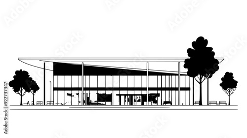 Convention center with wide flat roof, large glass walls, and spacious forecourt with trees and seating, vector illustration art