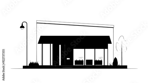 Corner retail building featuring large display windows and a prominent entrance, vector illustration art