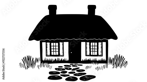 Cottage with a thatched roof, small windows, and a stone pathway leading to the entrance, vector illustration art