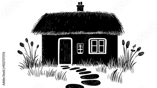 Cottage with a thatched roof, small windows, and a stone pathway leading to the entrance, vector illustration art