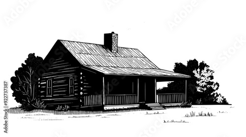 Country cabin with log construction, a covered porch, and a chimney extending from the roof, vector illustration art