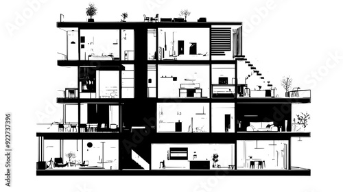 Cross-section of a residential building, revealing rooms, staircases, and mechanical systems, vector illustration art