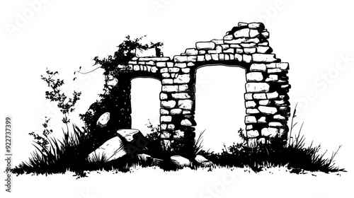 Crumbling stone building with collapsed walls and vegetation, vector illustration art