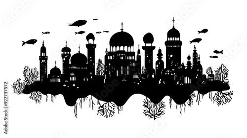 Underwater city with domed structures and coral-like designs, vector illustration art