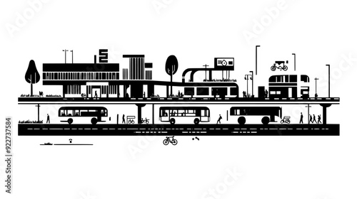 Diagram of a transportation hub, including bus terminals, bike lanes, and pedestrian paths, vector illustration art