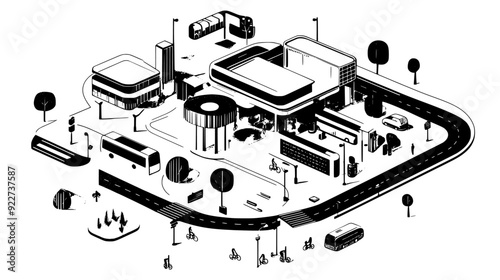 Diagram of a transportation hub, including bus terminals, bike lanes, and pedestrian paths, vector illustration art