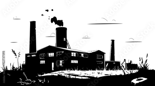 Dilapidated factory with broken windows and rusted machinery, vector illustration art