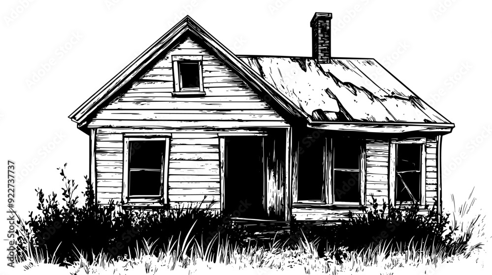 Obraz premium Dilapidated house with sagging roof, boarded-up windows, and neglected yard, vector illustration art