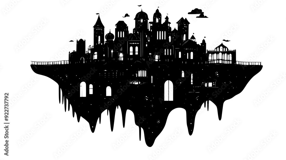Obraz premium Floating island with elaborate buildings connected by glowing bridges and pathways, vector illustration art