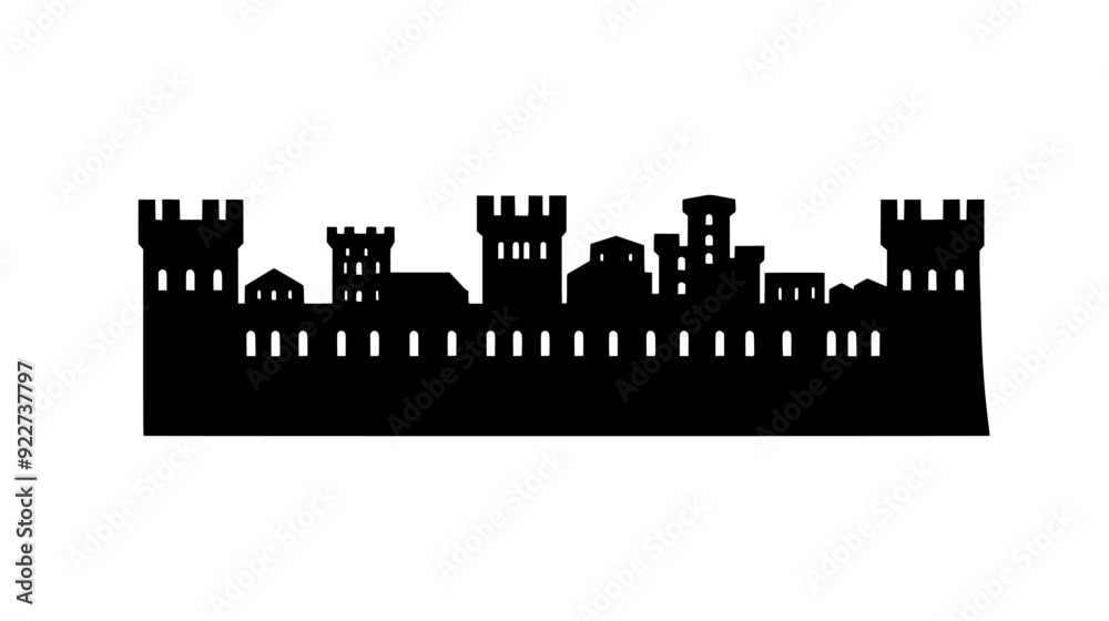 Fortified city wall with cylindrical towers enclosing a historical town, vector illustration art Fortified city wall with cylindrical towers enclosing a historical town, vector illustration art