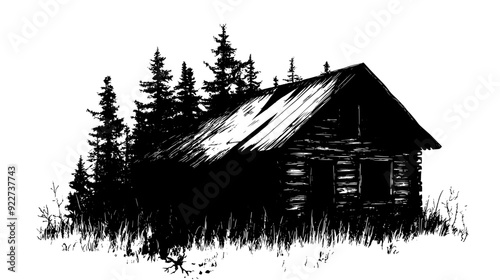 Dilapidated wooden cabin with a sagging roof and missing planks, surrounded by forest, vector illustration art