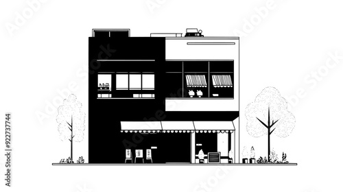 Downtown building with ground-floor cafes, retail shops, and office space above, vector illustration art