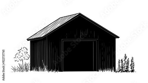 Farm storage shed with corrugated metal siding, located near cultivated fields, vector illustration art