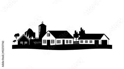 Farmstead comprising a farmhouse, a barn, and various outbuildings amidst expansive farmland, vector illustration art