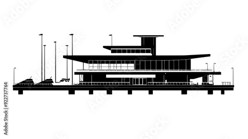 Ferry terminal with docking areas, main building, and visible loading ramps, vector illustration art