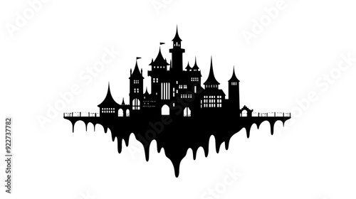 Floating castle with multiple turrets and bridges suspended in mid-air, vector illustration art
