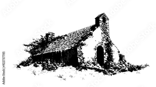 Forgotten church with a collapsed roof and moss covering the stone walls, vector illustration art